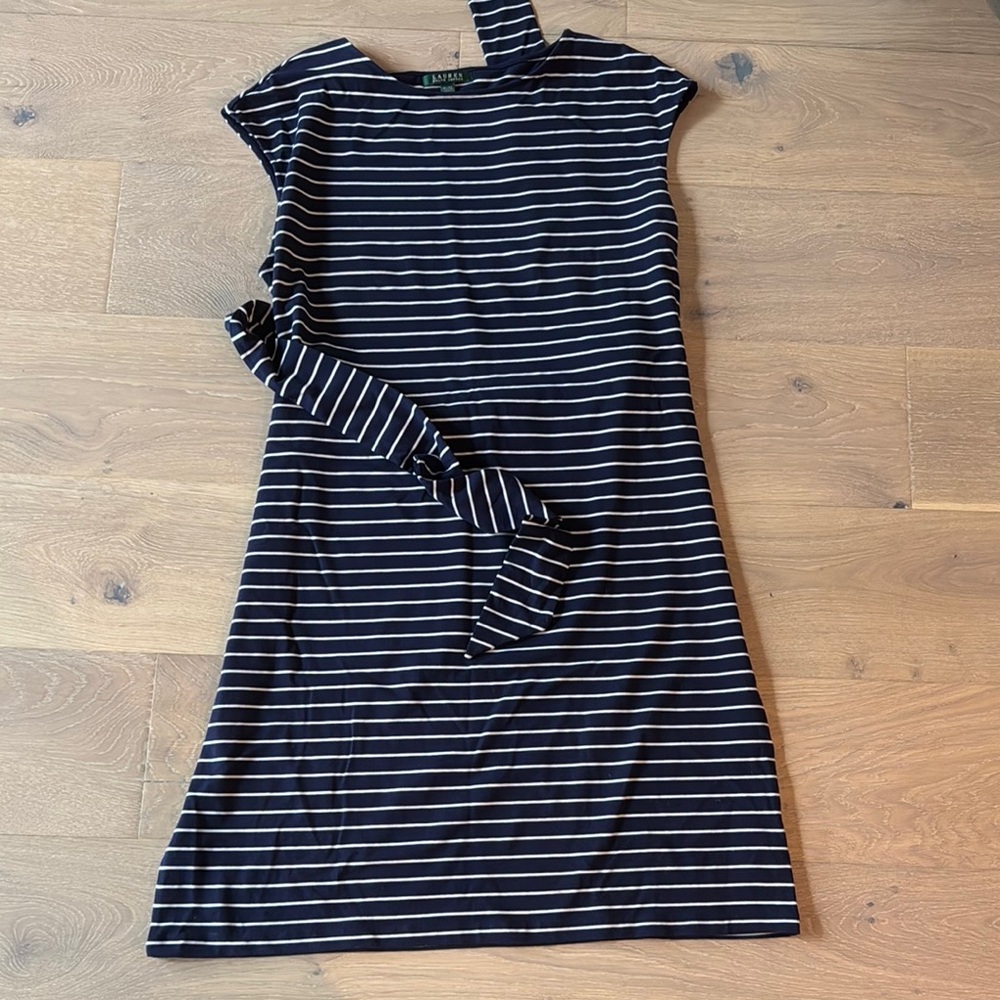 L.L. Bean Black and Gray Asymmetrical Ruffled Sheath Dress